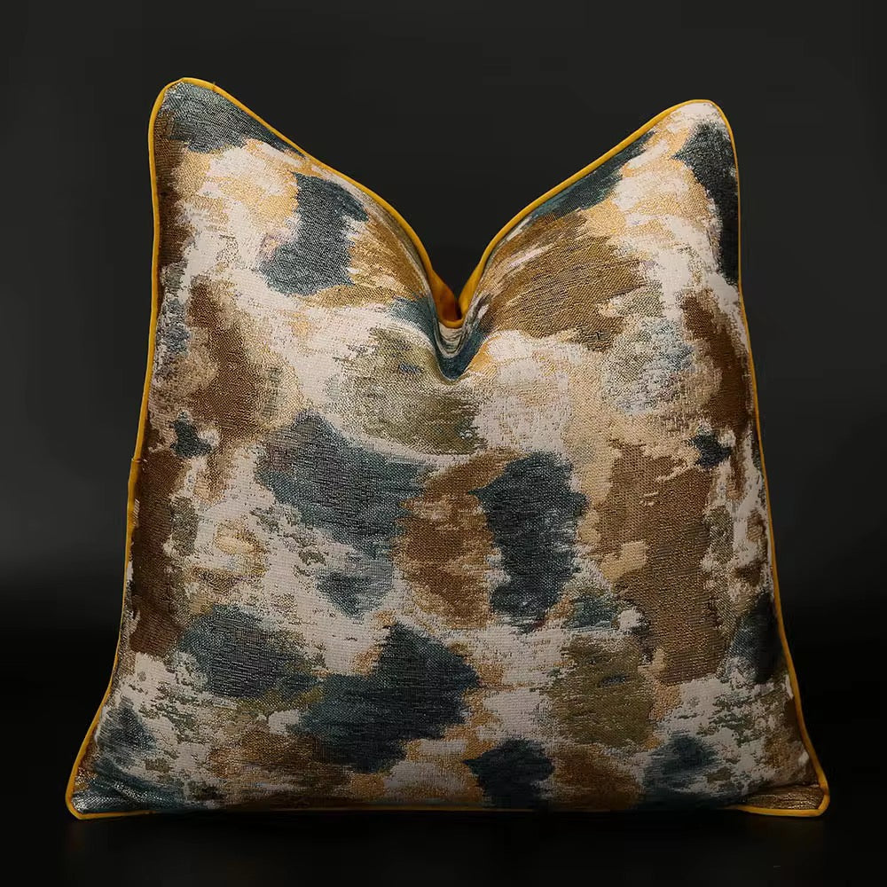 Luxury Abstract Impressionist Throw Pillow – Metallic Woven Jacquard Accent Cushion with Gold-Yellow Piping & Satin Gold- Yellow Backing