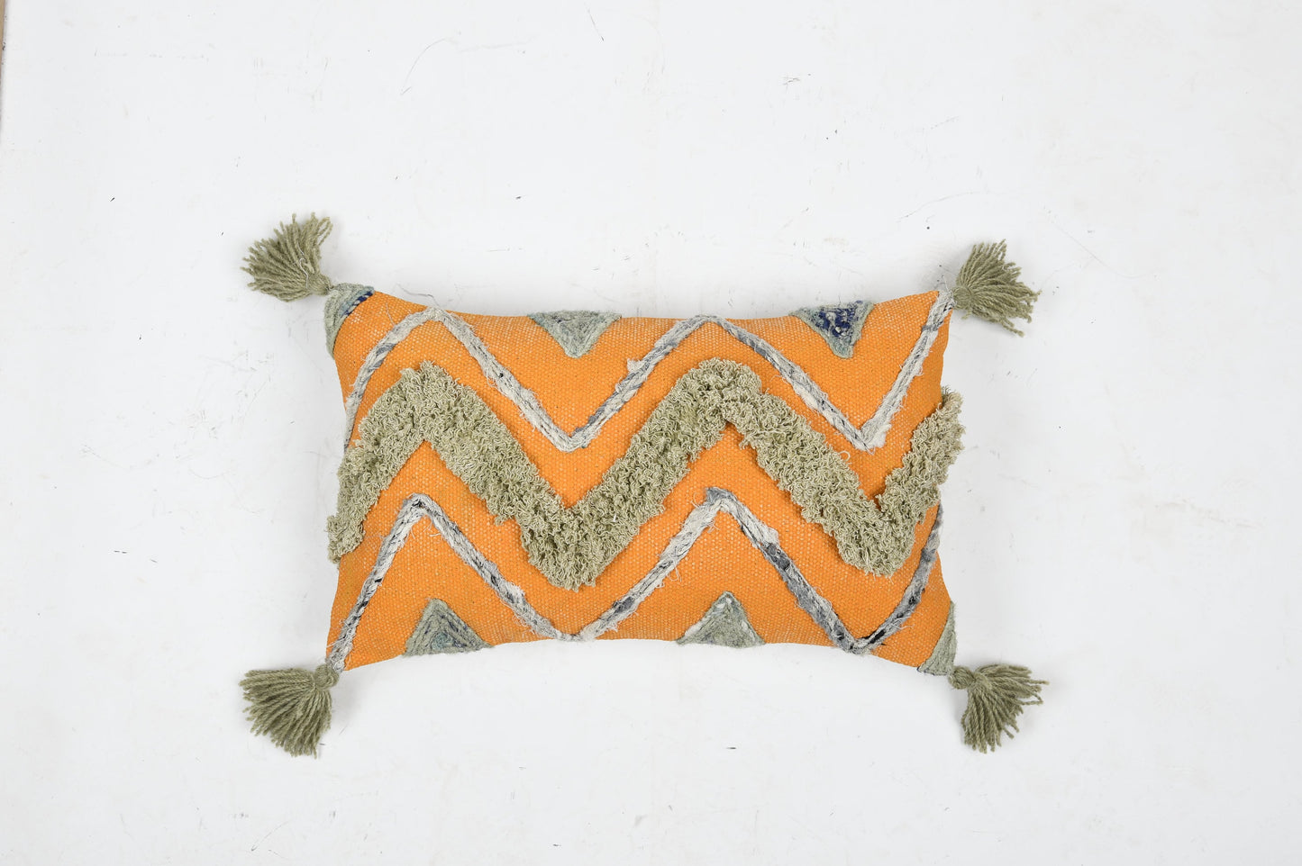 Mustard Yellow Sage Green Chevron Lumbar Cushion Cover 30x50cm, Boho Tasseled Pillow Case
