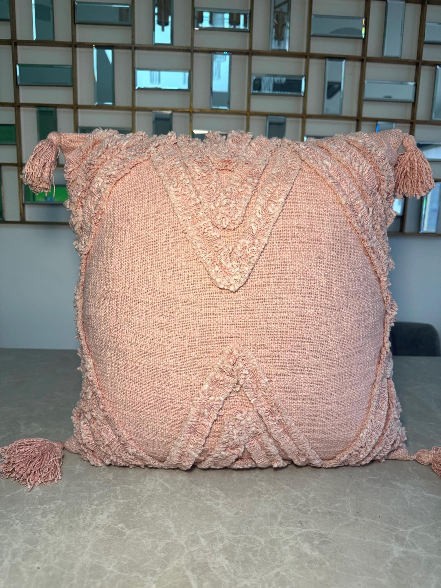Pastel pink tufted boho cushion cover -45x45cm ,Textured cotton throw pillow case with tassels