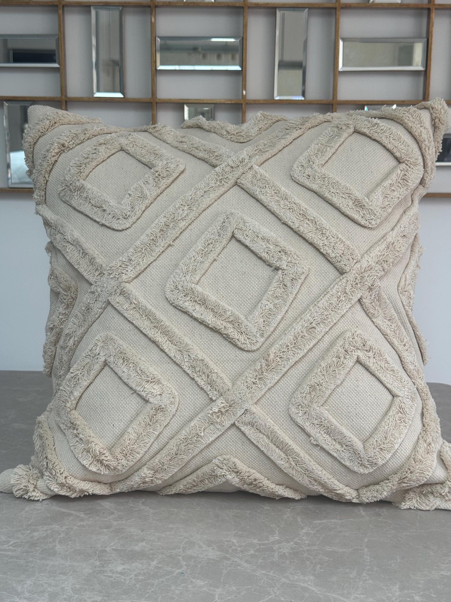 Cream Tufted Diamond Pillow Cover, Textured Boho Cotton Cushion Case 50x50cm