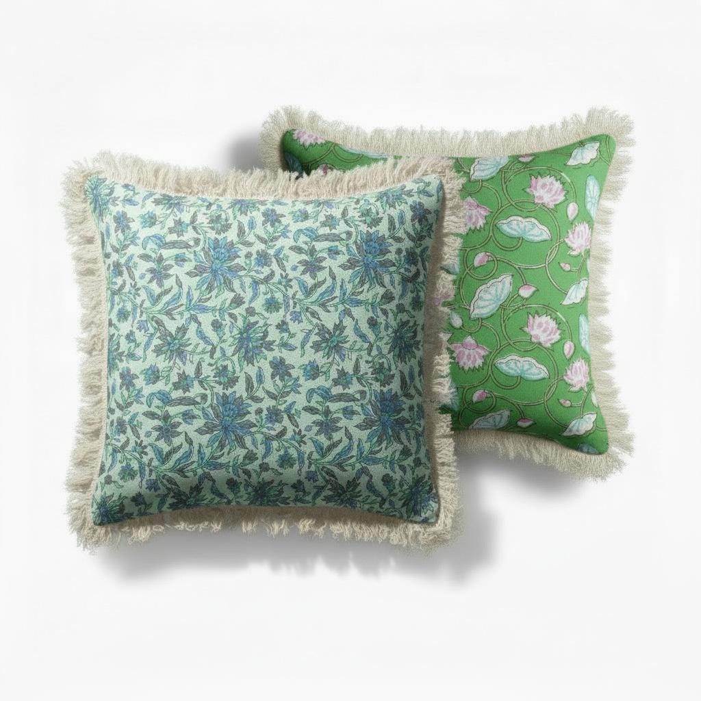 Indian floral Block Printed Cotton Pillow Covers with Fringe