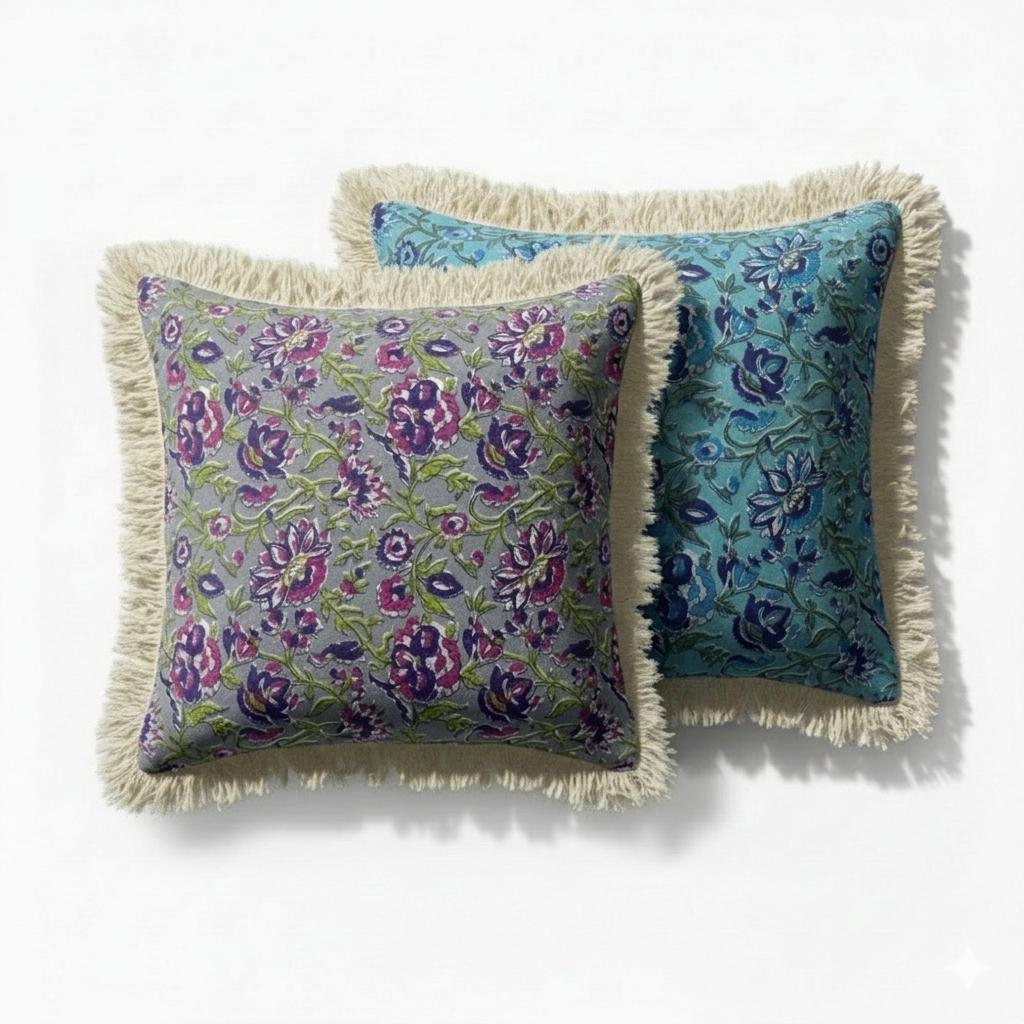 Set of 3 Indian Floral Block Print Cotton Pillow covers with Fringe