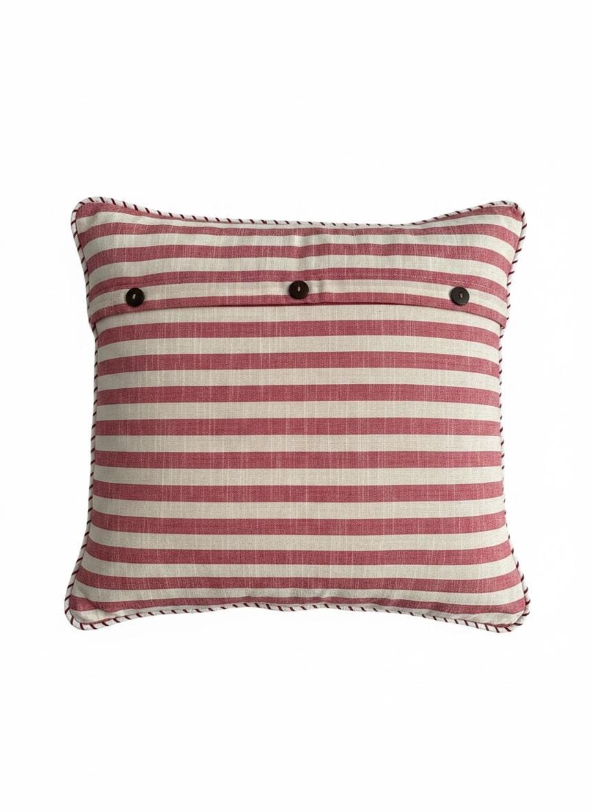 Set of 2 -Hand Loomed Cotton Pillow Cover – Red Cream Stripe, Reversible Fringe Cushion