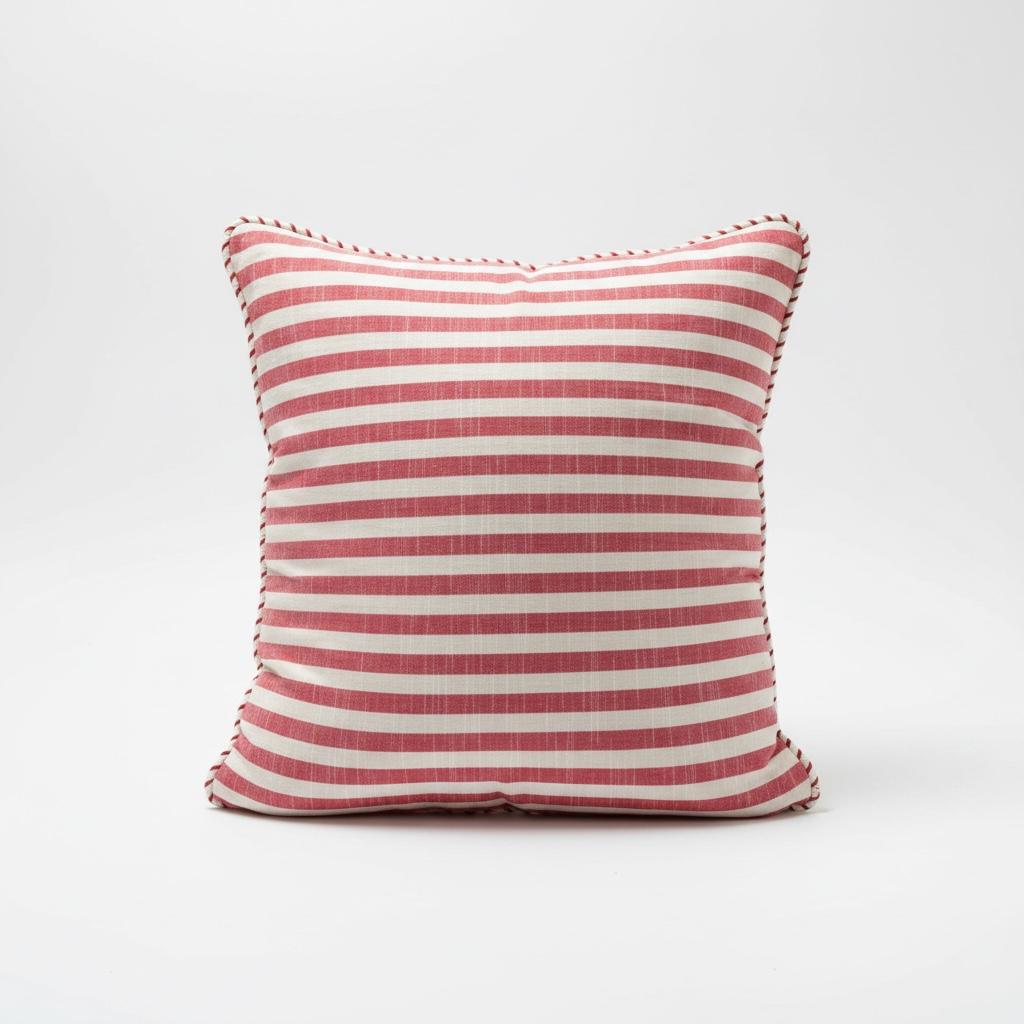 Set of 2 -Hand Loomed Cotton Pillow Cover – Red Cream Stripe, Reversible Fringe Cushion