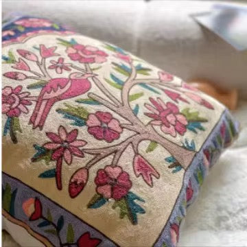 Handcrafted Tree of Life Floral Pillow Cover | 45 x 45 Turkish Cotton - Linen Embroidered Pillow Case  | Bohemian Wool Embroidered Cushion Cover