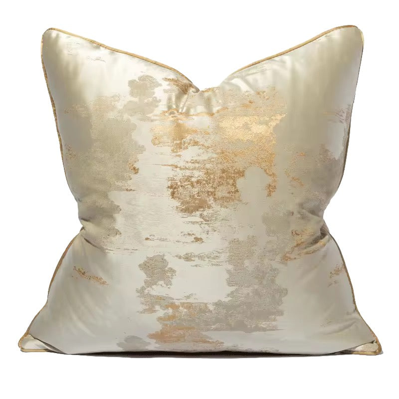 Shimmering Champagne & Ivory Jacquard Accent Cushion with Gold Piping