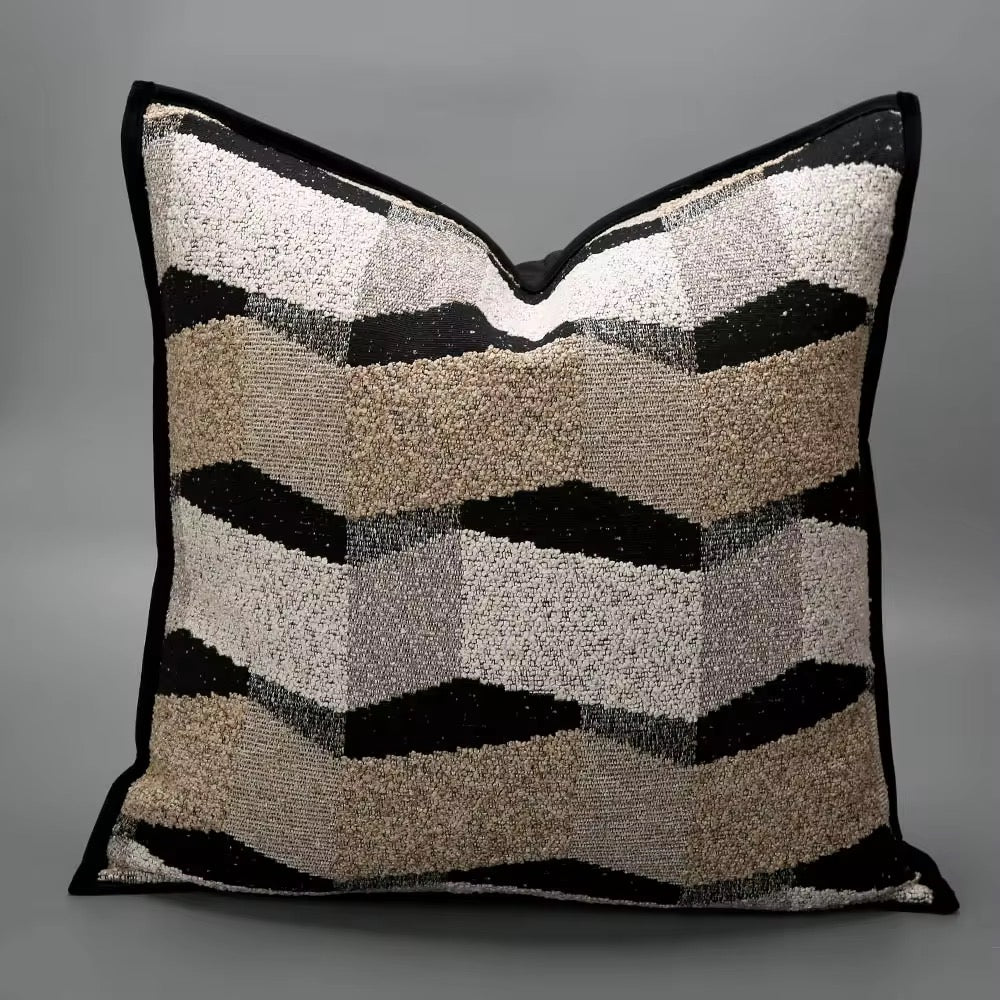 Modern Geometric Bouclé Throw Pillow – Textured Abstract Chevron Accent Cushion with Black Piping