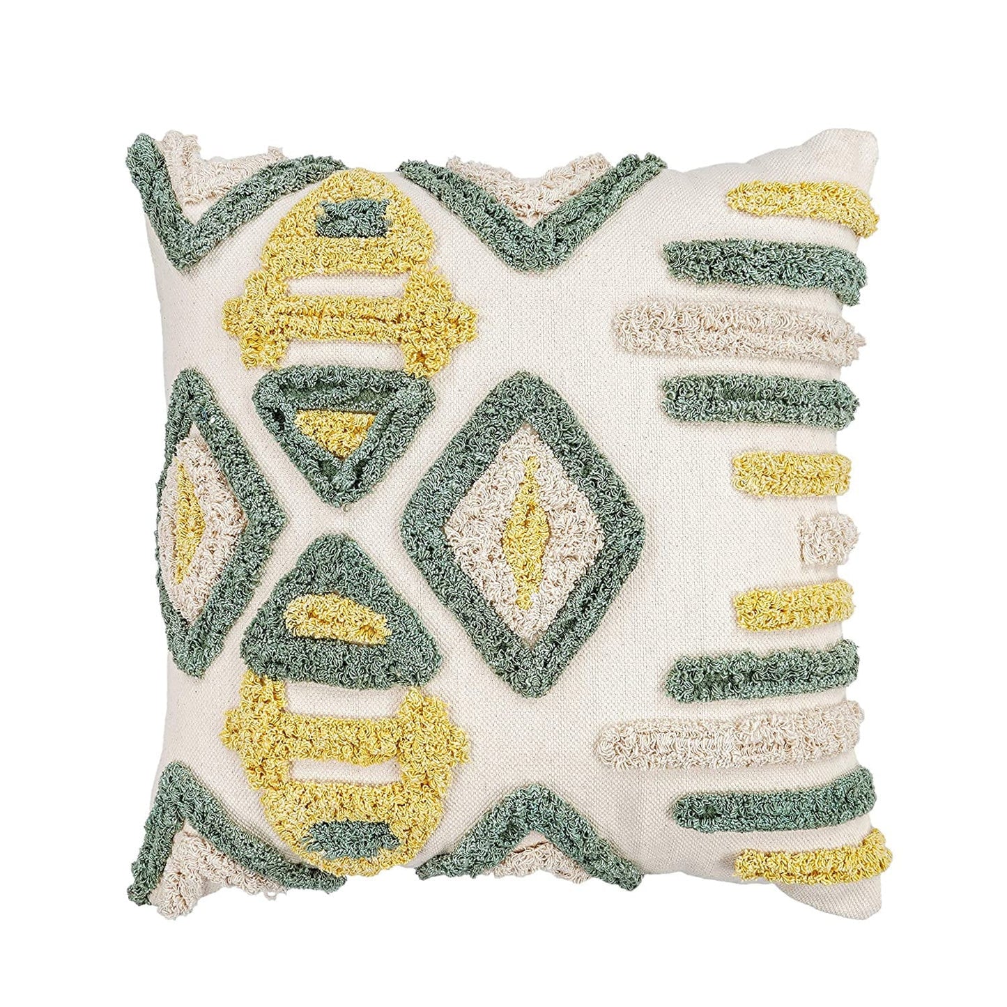 Boho Tufted Geometric Cushion Cover – Green, Yellow, Cream Cotton Pillow Case (50x50cm)