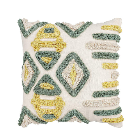 Boho Tufted Geometric Cushion Cover – Green, Yellow, Cream Cotton Pillow Case (50x50cm)