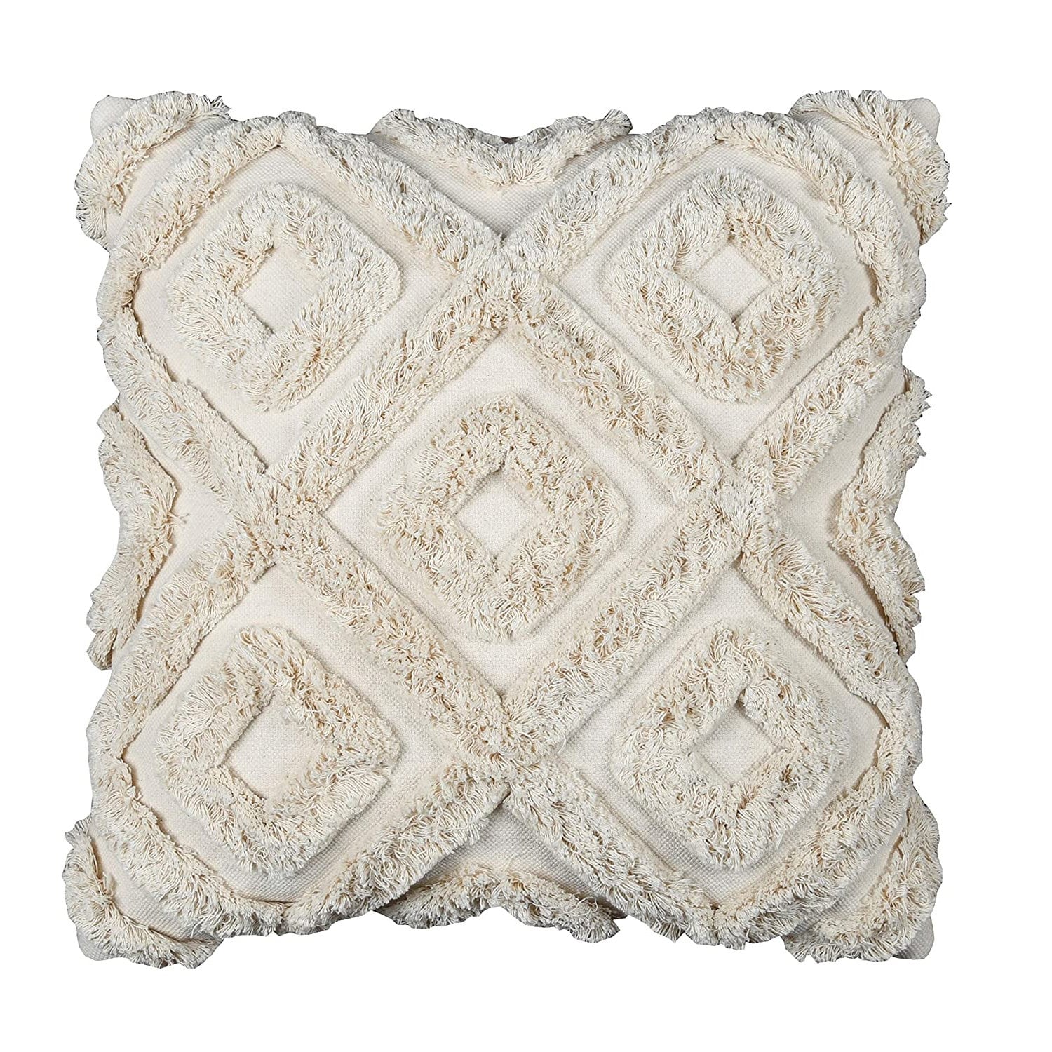 Cream Tufted Diamond Pillow Cover, Textured Boho Cotton Cushion Case 50x50cm