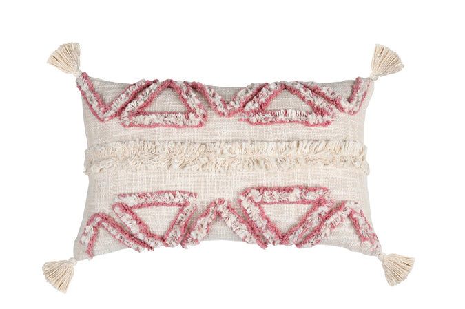 Boho Tufted Lumbar Pillow Cover with Tassels , Pink and Cream Geometric Textured Cushion Cover,