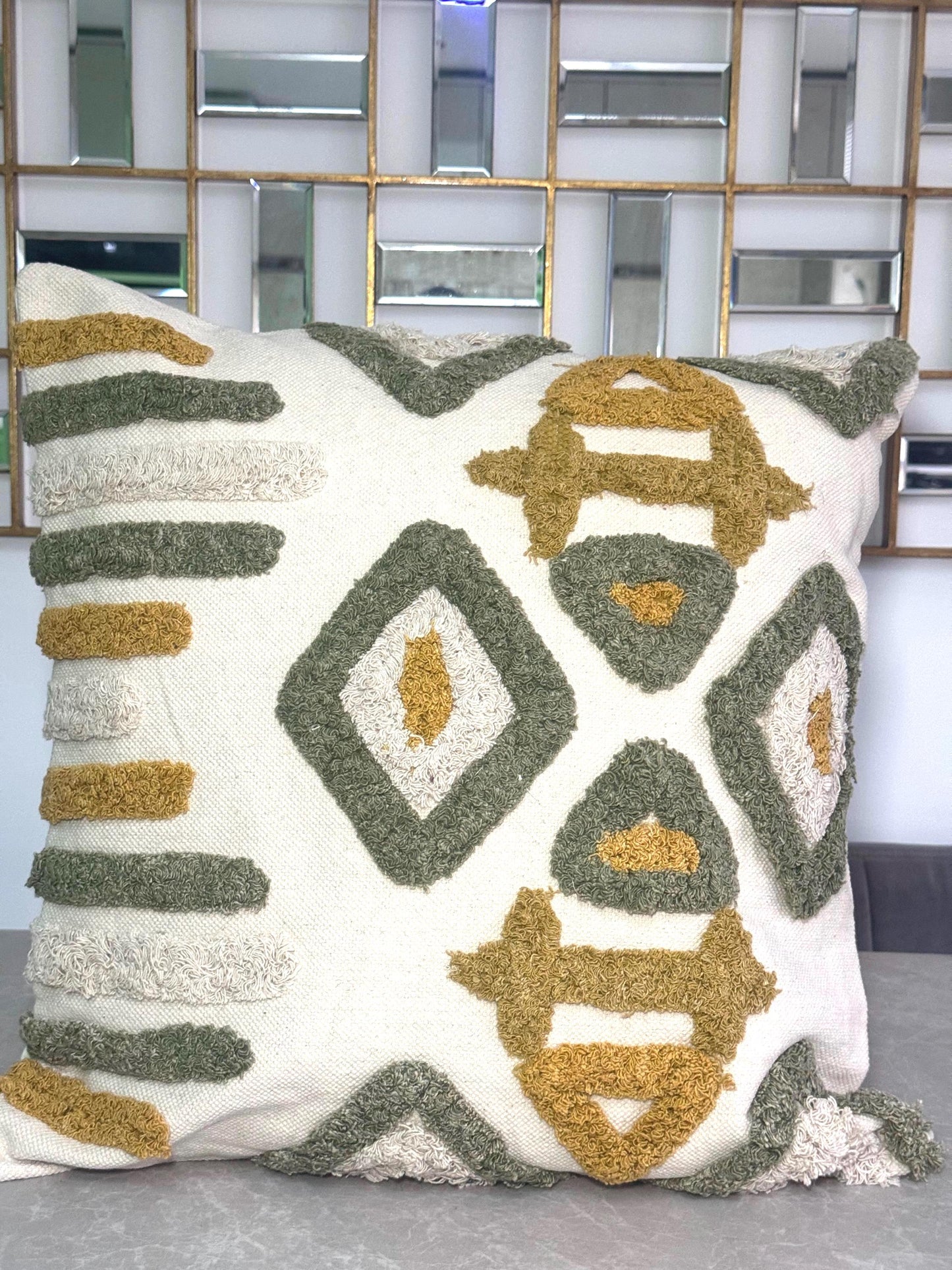 Boho Tufted Geometric Cushion Cover – Green, Yellow, Cream Cotton Pillow Case (50x50cm)