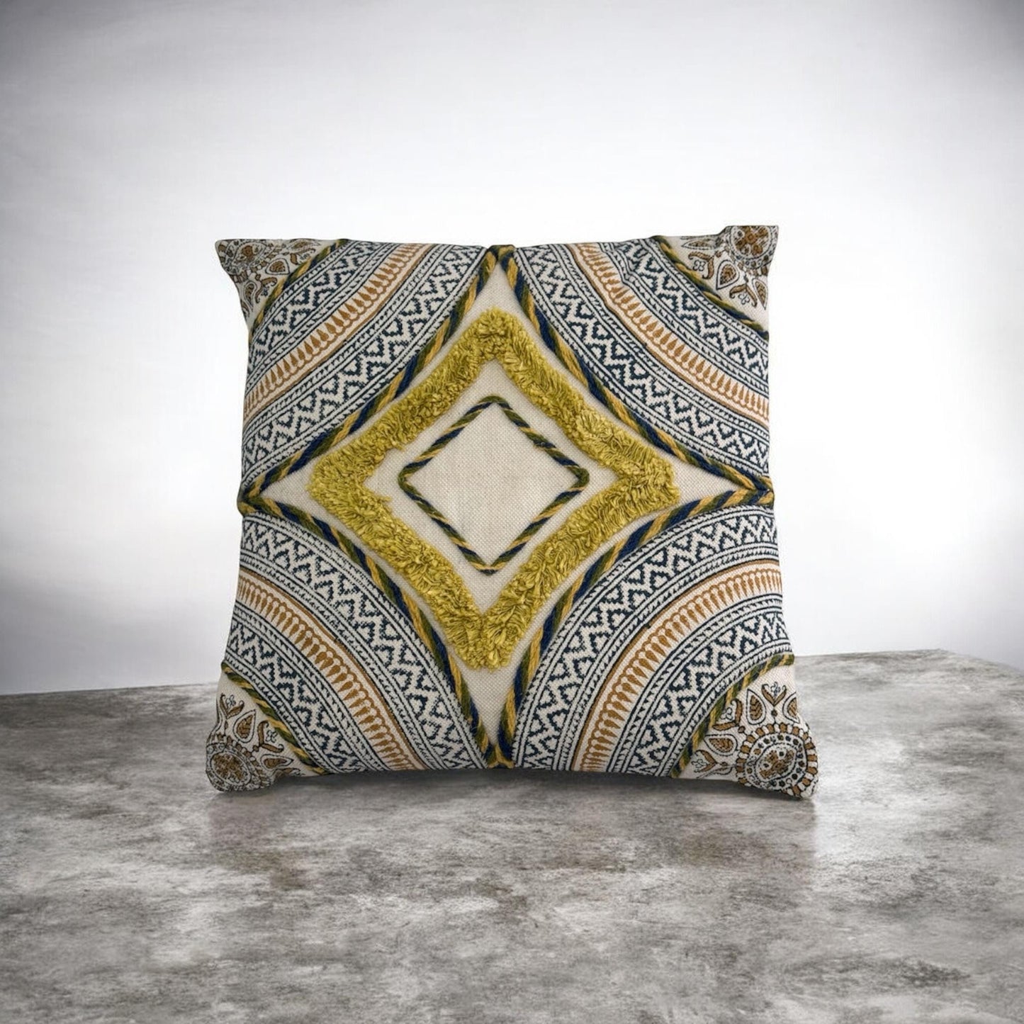 Mustard Yellow and Navy Geometric Hand Blockprint Cotton Cushion cover