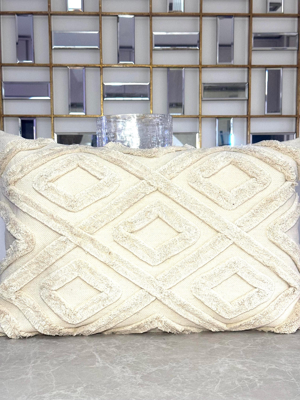 Cream Tufted Diamond Cushion Cover, Beige Boho Textured Pillow, Cotton Canvas Home Decor