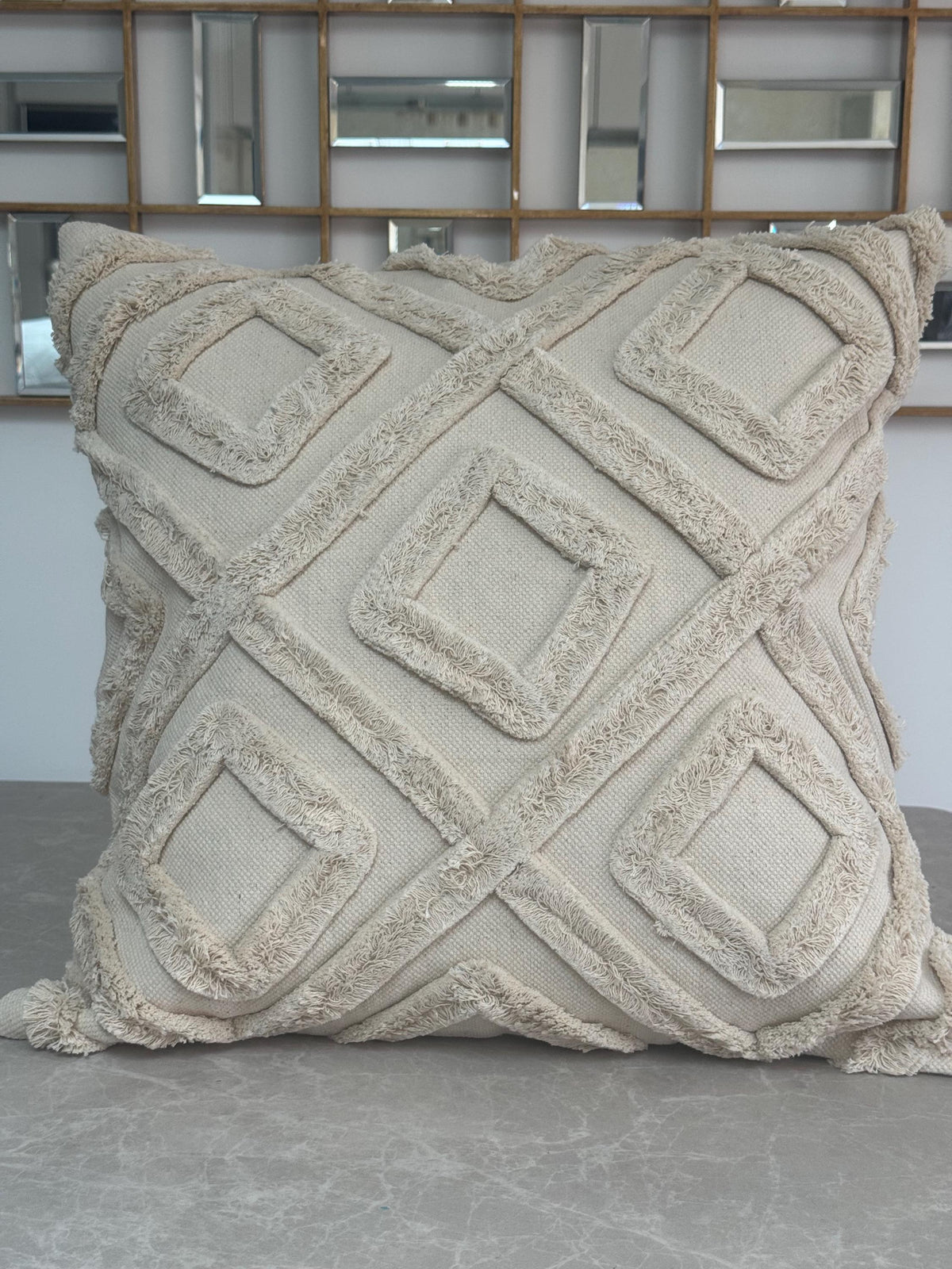 Cream Tufted Diamond Pillow Cover, Textured Boho Cotton Cushion Case 50x50cm