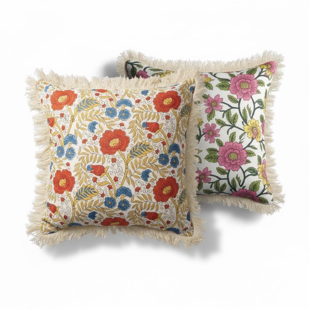 Set of 4 Cotton Indian Floral Block Print Pillow Covers – Reversible Fringe Design