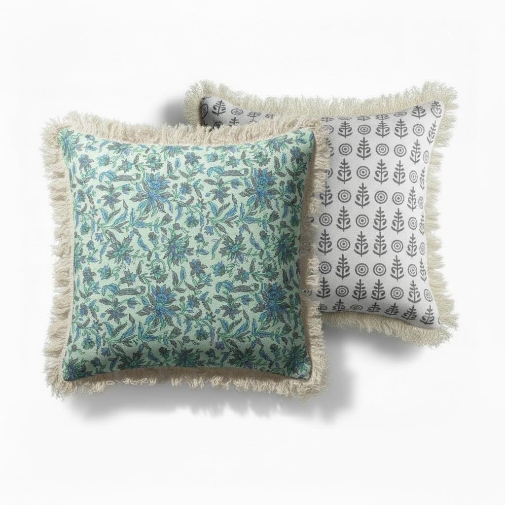 Indian floral Block Printed Cotton Pillow Covers with Fringe