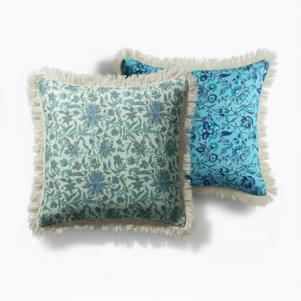 Indian floral Block Printed Cotton Pillow Covers with Fringe