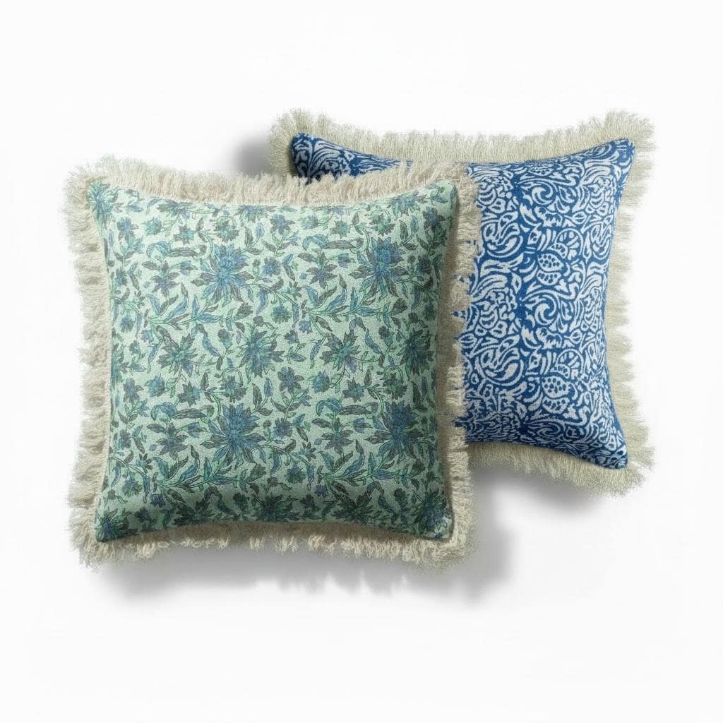 Indian floral Block Printed Cotton Pillow Covers with Fringe