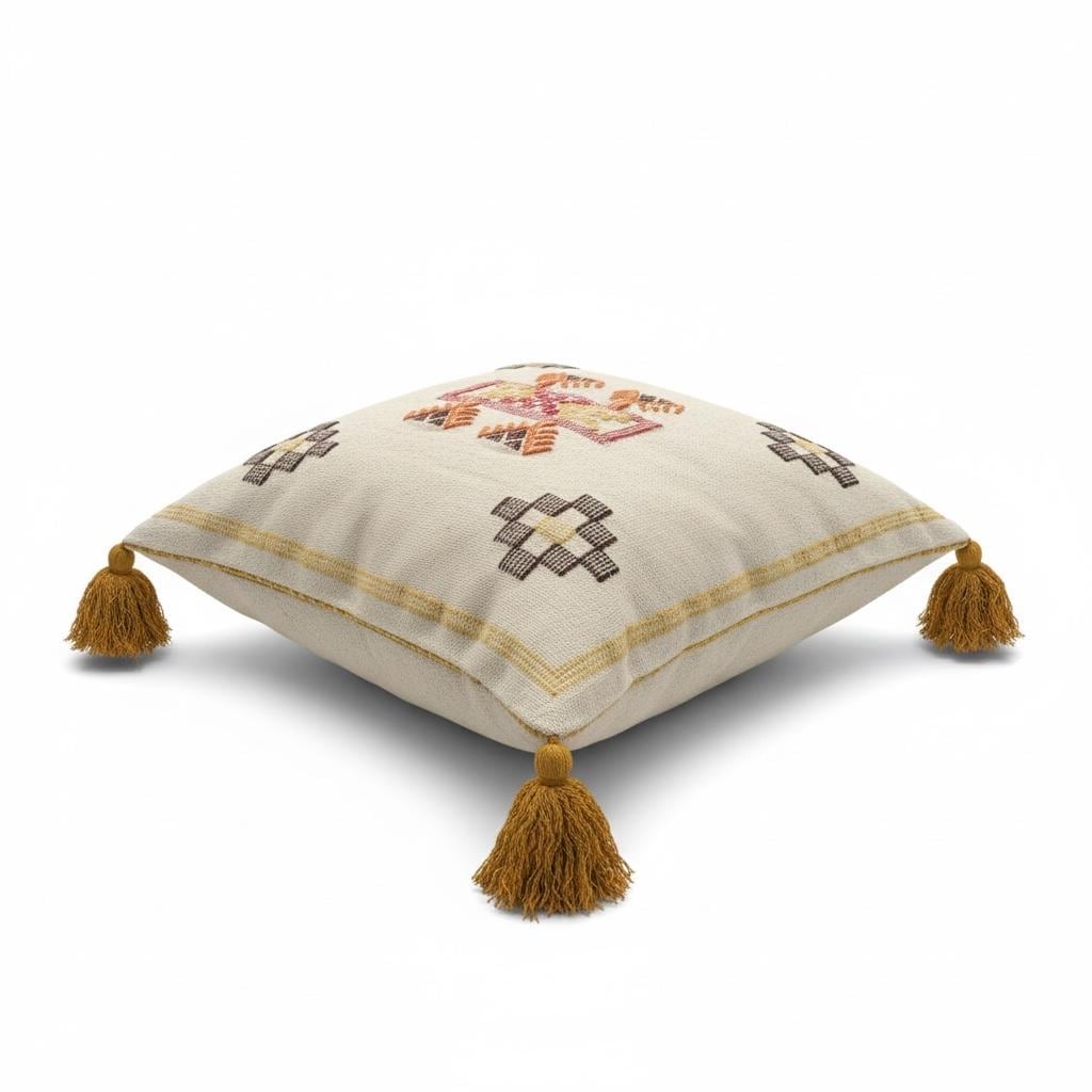 Hand-Crafted Cotton Cushion Cover, Moroccan Inspired, Tasseled, 45x45 cm