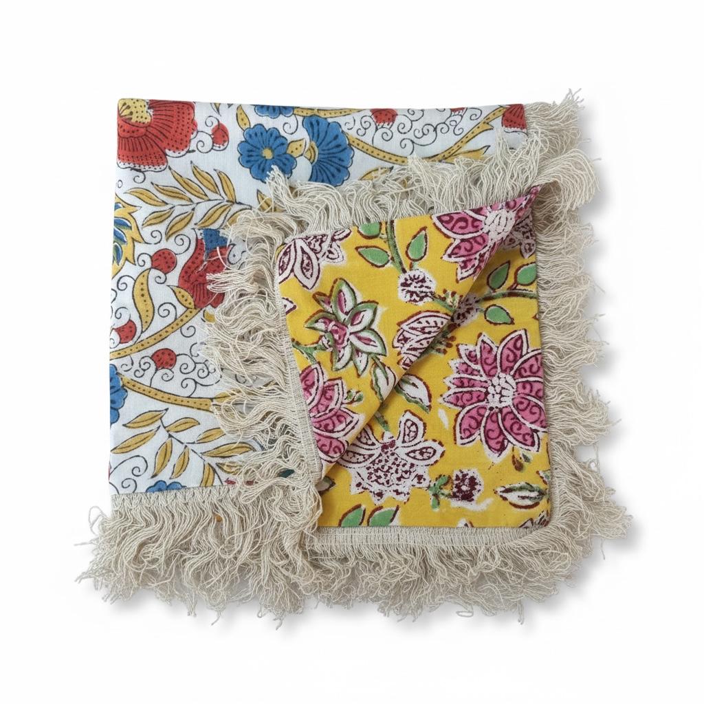 Set of 4 Cotton Indian Floral Block Print Pillow Covers – Reversible Fringe Design