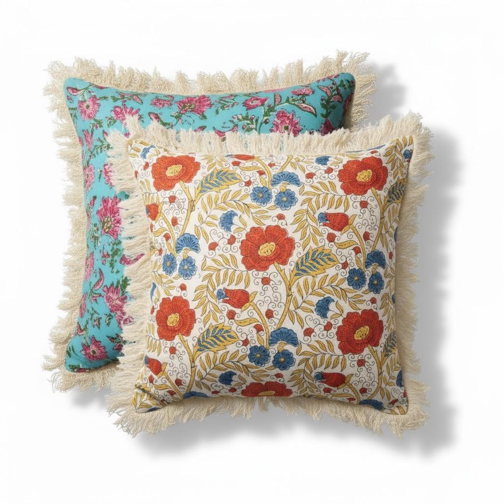 Set of 4 Cotton Indian Floral Block Print Pillow Covers – Reversible Fringe Design