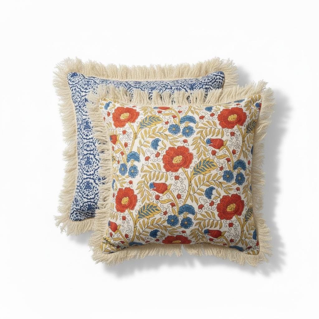 Set of 4 Cotton Indian Floral Block Print Pillow Covers – Reversible Fringe Design