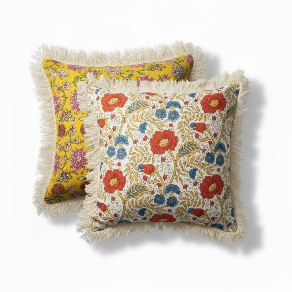 Set of 4 Cotton Indian Floral Block Print Pillow Covers – Reversible Fringe Design