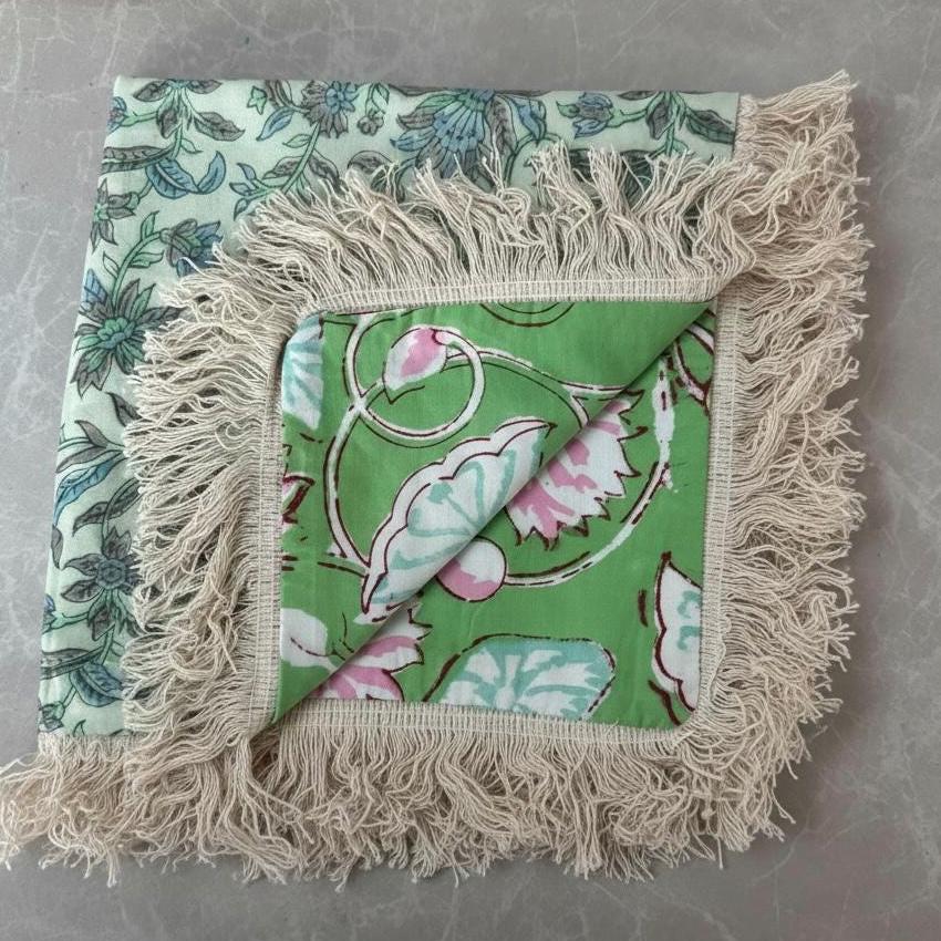 Indian floral Block Printed Cotton Pillow Covers with Fringe