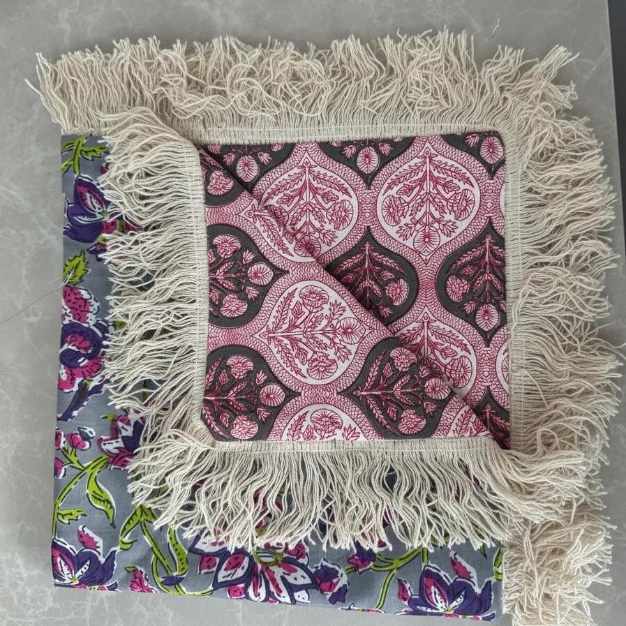 Set of 3 Indian Floral Block Print Cotton Pillow covers with Fringe