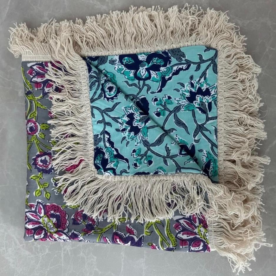 Set of 3 Indian Floral Block Print Cotton Pillow covers with Fringe