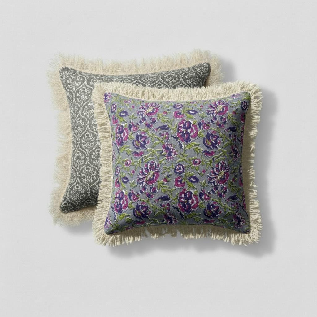 Set of 3 Indian Floral Block Print Cotton Pillow covers with Fringe