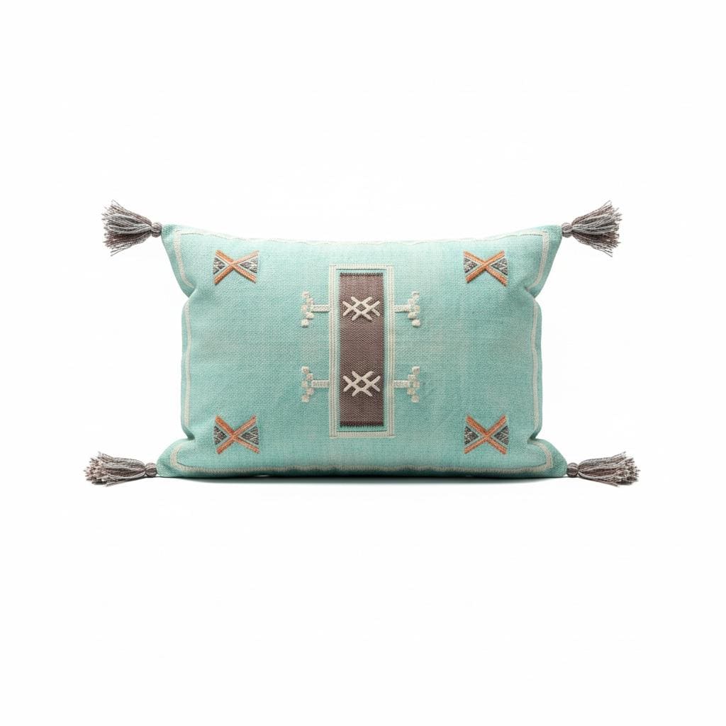 Handcrafted Teal Cotton Cushion Cover, Moroccan Inspired, Tassels, 60x40cm