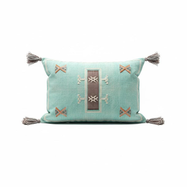 Handcrafted Teal Cotton Cushion Cover, Moroccan Inspired, Tassels, 60x40cm