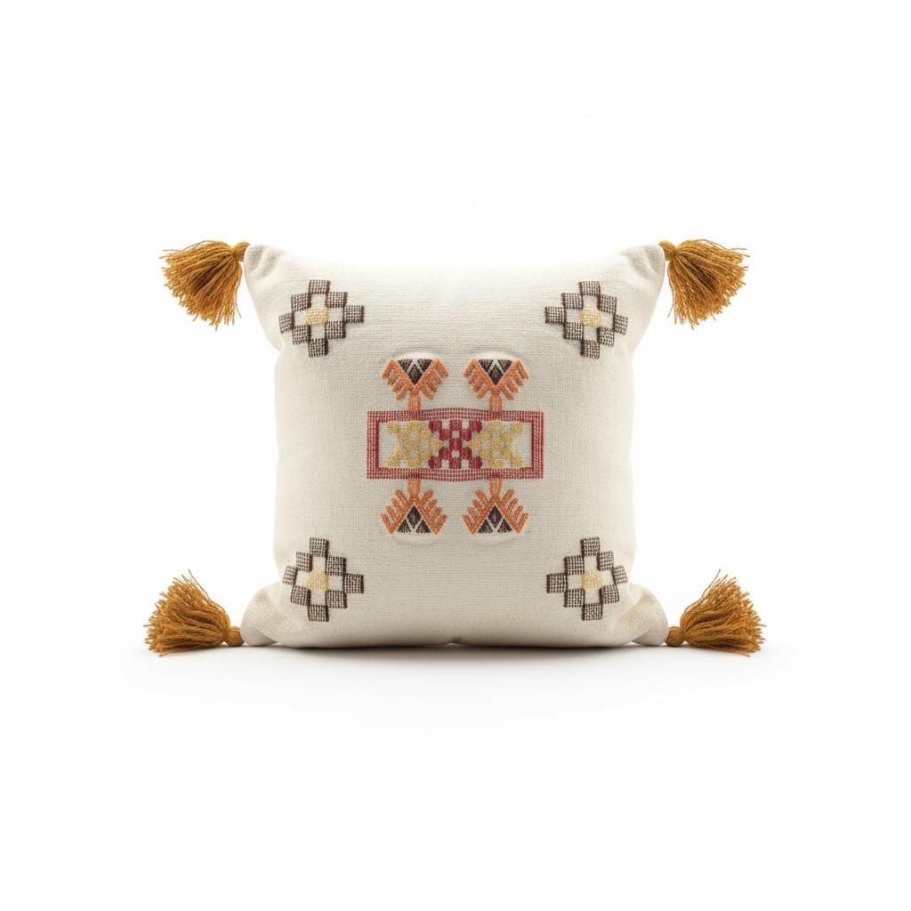 Hand-Crafted Cotton Cushion Cover, Moroccan Inspired, Tasseled, 45x45 cm