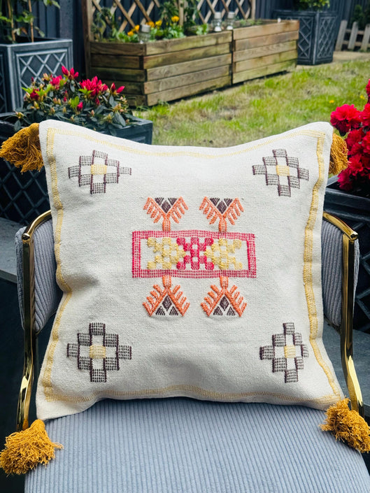 Hand-Crafted Cotton Cushion Cover, Moroccan Inspired, Tasseled, 45x45 cm