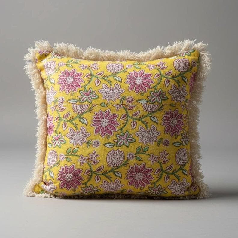 Set of 2 - Indian Floral Block Print Cotton Pillow Covers with Fringe