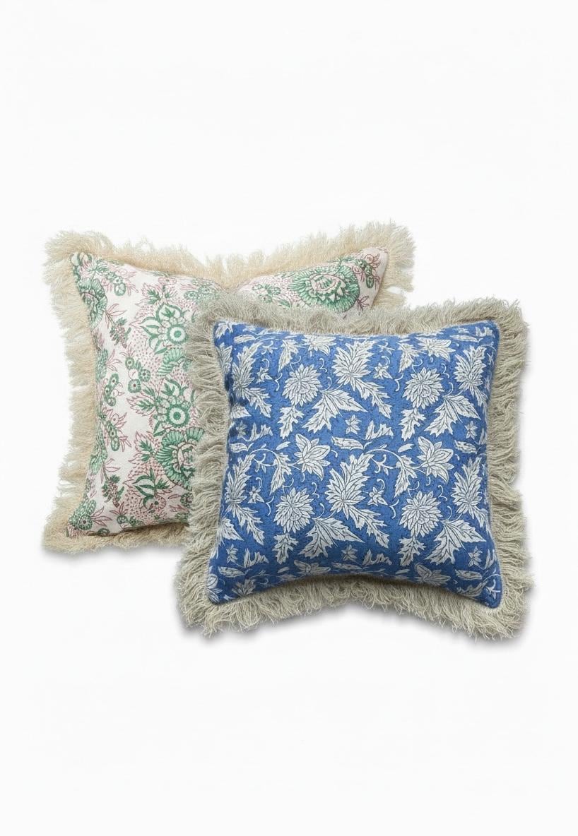 Indian floral Block Print Cotton Pillow covers with Fringe