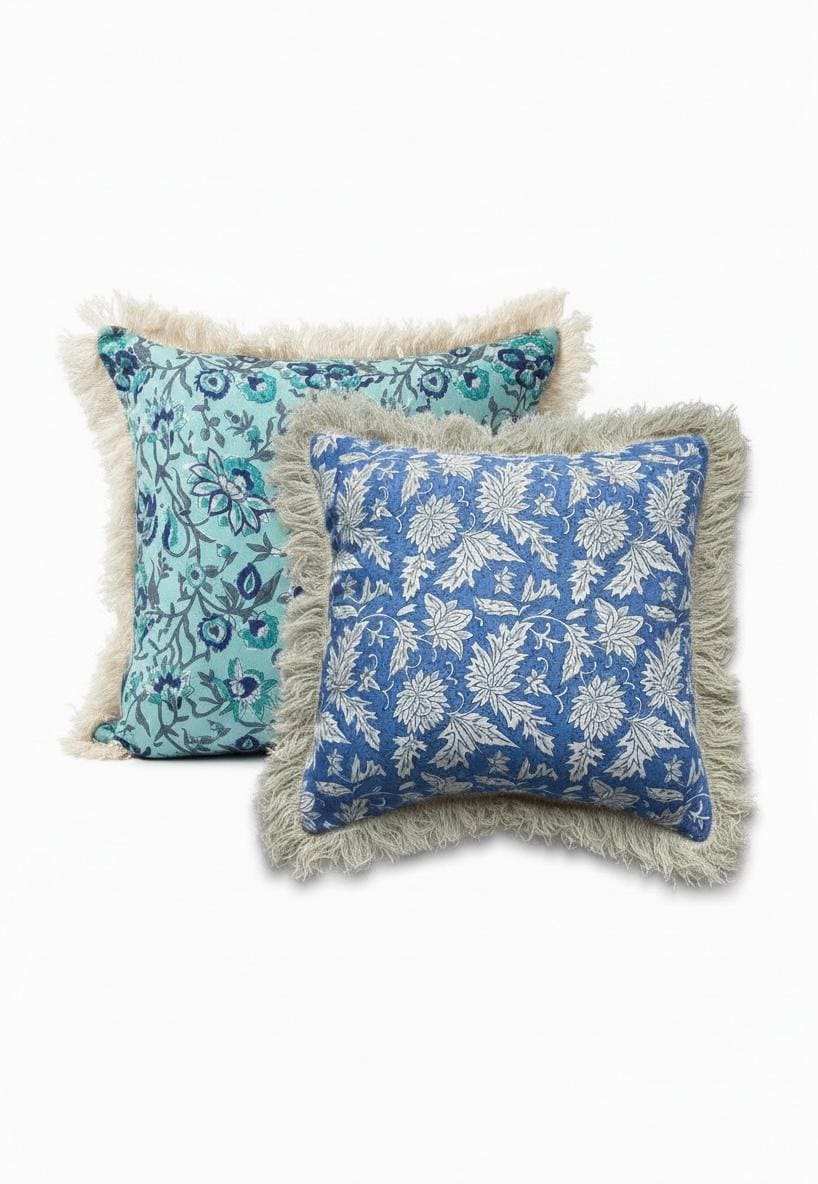 Indian floral Block Print Cotton Pillow covers with Fringe