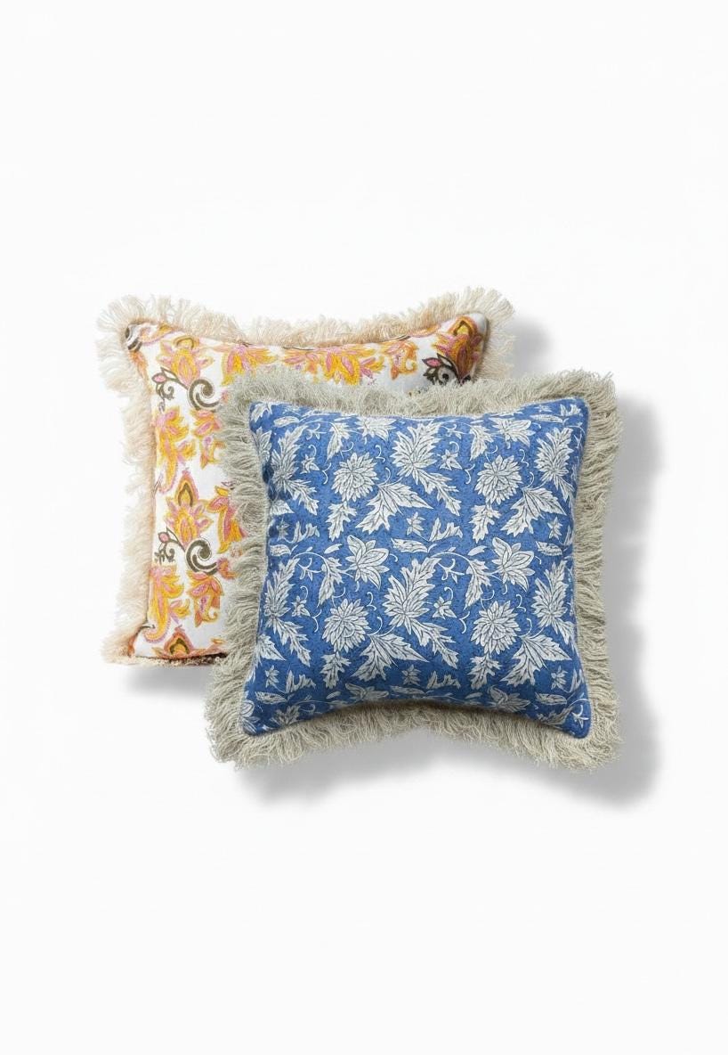 Indian floral Block Print Cotton Pillow covers with Fringe