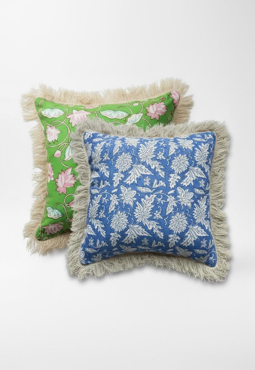 Indian floral Block Print Cotton Pillow covers with Fringe