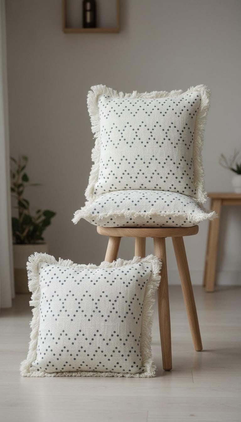 Beige Tufted Polka Dot Cushion Cover, Boho Woven Cotton Pillow, 45x45cm