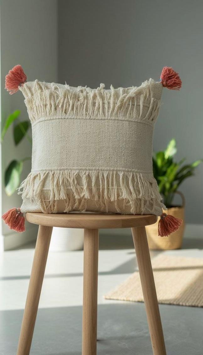 Boho Shaggy Cotton Cushion Cover, Textured Tassels, Natural Beige Home Decor