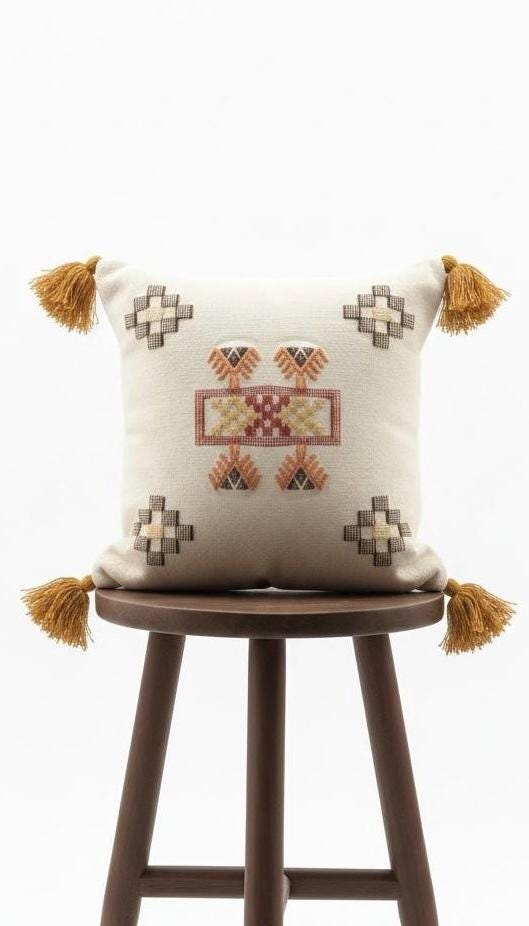 Hand-Crafted Cotton Cushion Cover, Moroccan Inspired, Tasseled, 45x45 cm