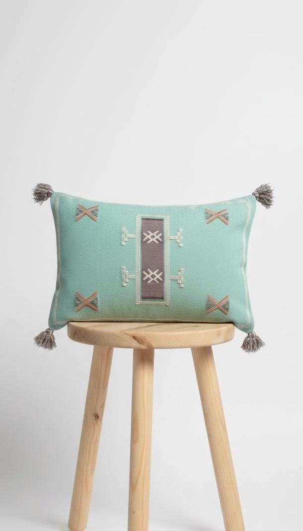 Handcrafted Teal Cotton Cushion Cover, Moroccan Inspired, Tassels, 60x40cm