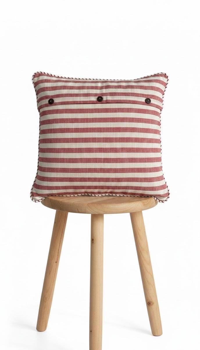 Set of 2 -Hand Loomed Cotton Pillow Cover – Red Cream Stripe, Reversible Fringe Cushion