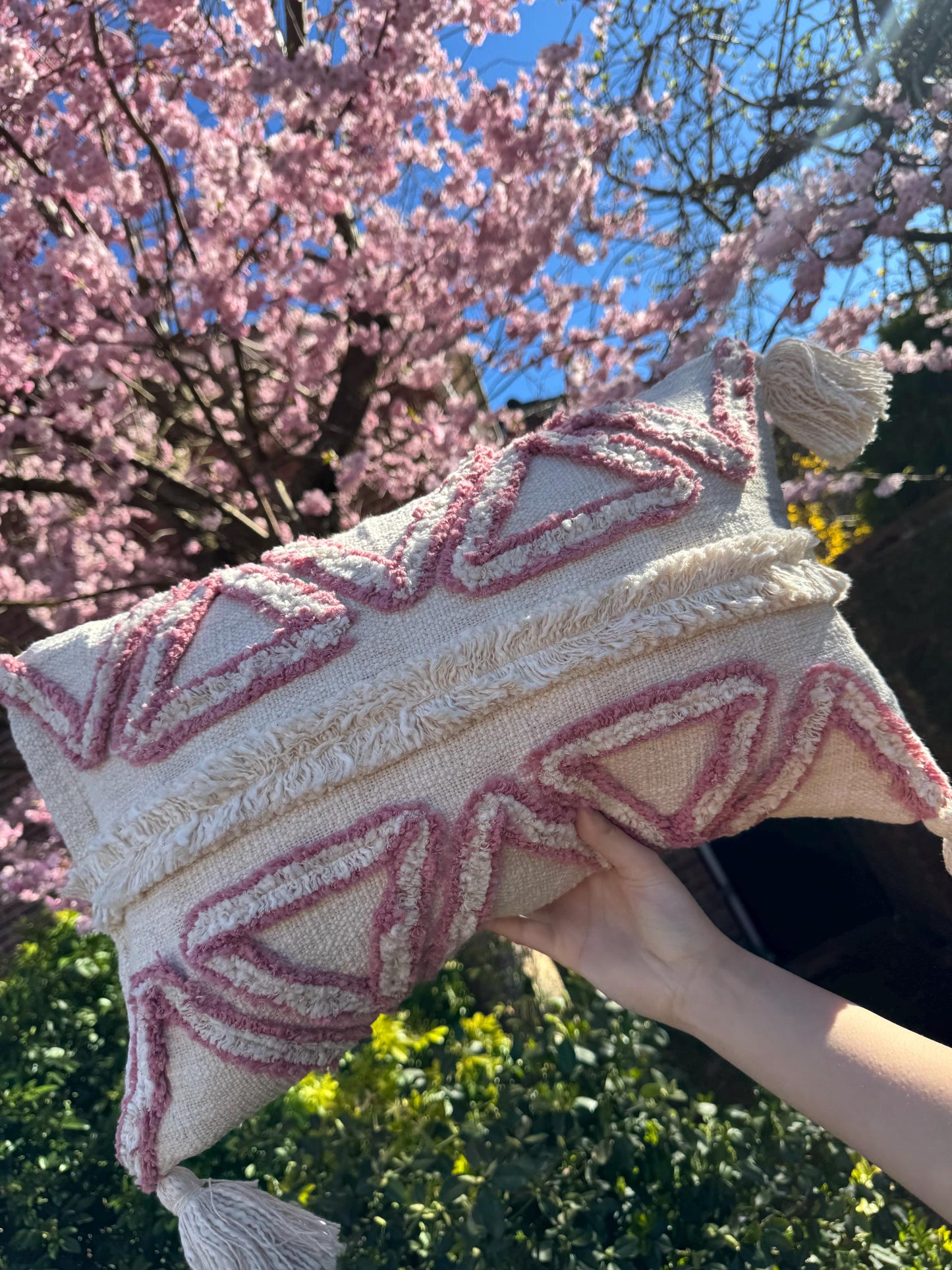Boho Tufted Lumbar Pillow Cover with Tassels , Pink and Cream Geometric Textured Cushion Cover,