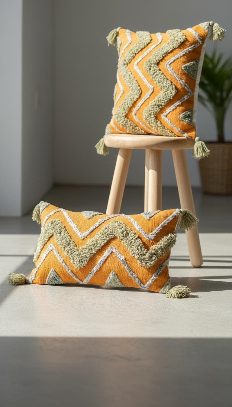 Mustard Yellow Sage Green Chevron Lumbar Cushion Cover 30x50cm, Boho Tasseled Pillow Case