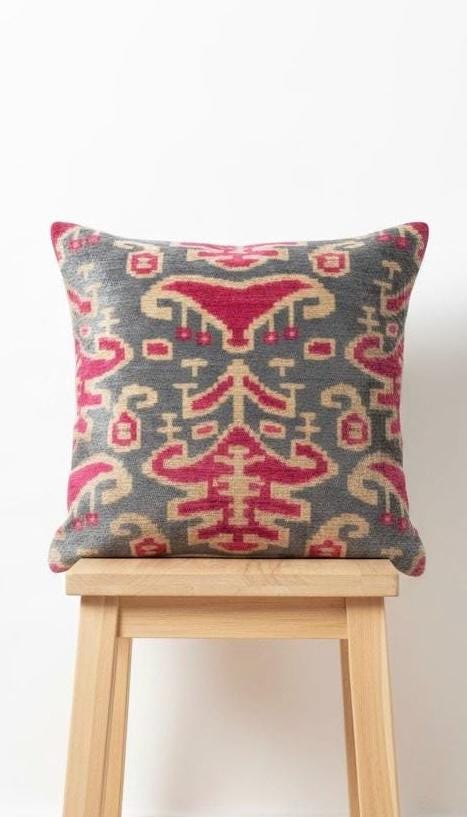 Luxury Silk Velvet Ikat Cushion cover only , Handwoven silk , Linen back ,Limited Edition Home Decor only.