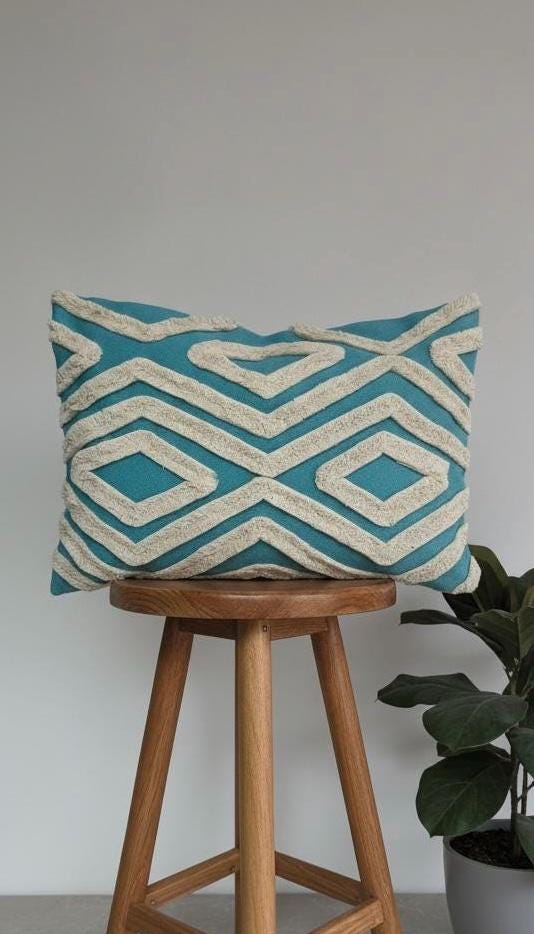 Blue Boho Woven Cushion Cover UK, Abstract Art Throw Pillows Covers For Living Room, Sofa, Bedroom or Office Home Decor